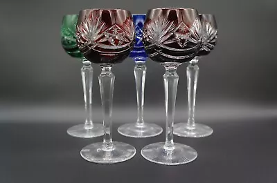 Buy Set Of 5 Hungary Ajka AJC40 Crystal Cut To Clear Multi Color Hock Wine Glasses • 196.07£