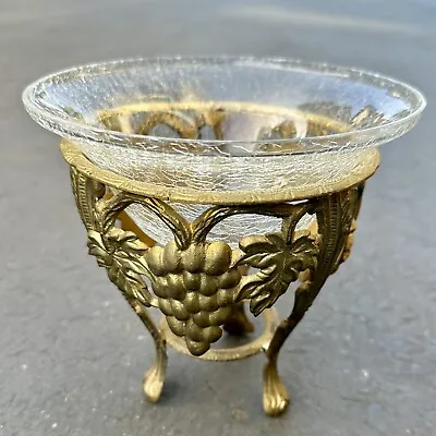 Buy Vintage Clear Crackle Glass Vase Dish Sculpture Grape Brass Holder India 6  • 23.70£