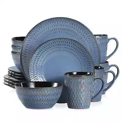 Buy 16Pc Stoneware Dinnerware Set Ceramic Dinner Dessert Plate Cereal Bowl Mugs Blue • 89.95£