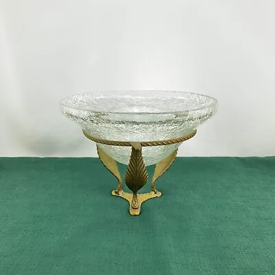 Buy VTG Art Deco Glass Vase Brass Base Round Crackle Glass Planter Bowl Art Display • 48.25£
