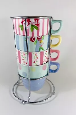 Buy Marks And Spencer Stacker Mugs - Pastel/Floral/Stripes/Spots With Chrome Stand • 12.50£
