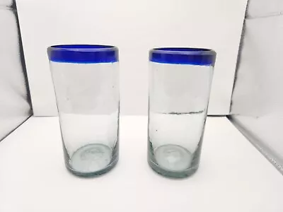Buy Mexican Hand Blown  Cobalt Blue Rim Glasses 5.5 Tall Set Of 2 • 18.90£