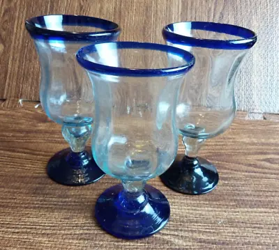 Buy Mexican Hand Blown Curvy Glassware Cobalt Blue Rim Water Wine Glass 5 X3  Set 3 • 24.10£