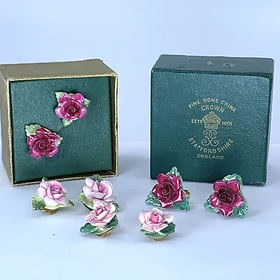Buy Vintage Staffordshire England Fine Bone China Roses Clip On Earrings Sets 4 • 28.93£