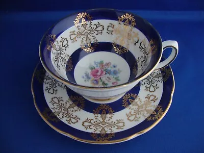 Buy Royal Grafton Floral Tea Cup & Saucer In Cobalt Blue & Gold Pattern With Roses • 14.95£