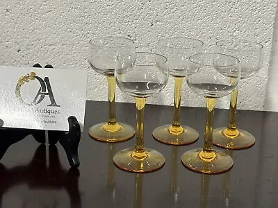 Buy Beautiful Set Of 5 C1930’s Handmade Amber Stemmed Wine Glasses • 135£