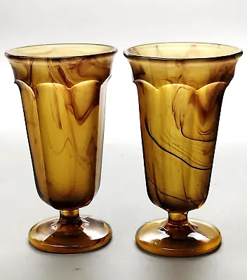 Buy A Pair Of Art Deco Vintage Davidson #1 Amber Cloud Glass Parfaits / Vases • 29.99£