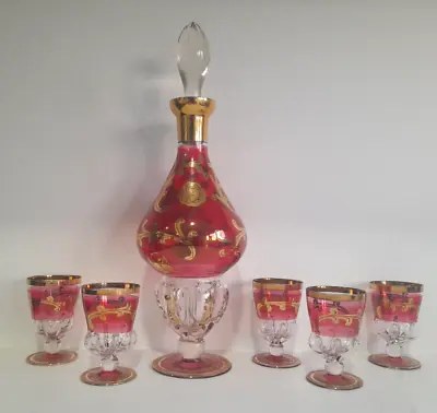 Buy Vintage Bohemian Glass Wine Footed Decanter & 5 Port Glasses Cranberry Gold • 40£