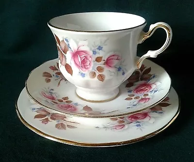 Buy Queen Anne Tea Trio Bone China Teacup Saucer Side Plate Pink Roses Blue Flowers • 39.95£
