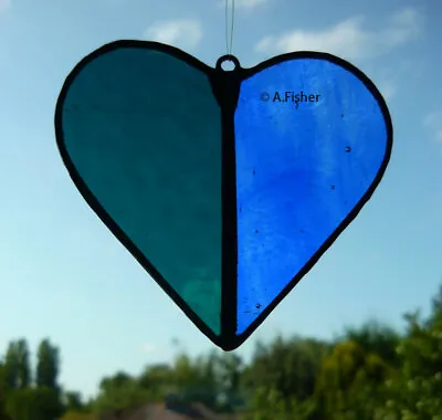 Buy Stained Glass Two Tone Heart - Blues - Handmade  NEW  8.5cms (3.5ins) H • 4.45£
