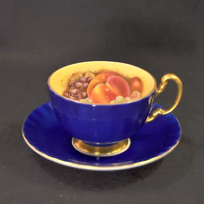 Buy Aynsley Cup & Saucer Cobalt Blue Orchard Fruit Grapes Peaches W/Gold 1972-2014 • 80.68£