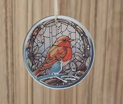Buy Christmas Stained Glass Robin Bauble, Xmas Tree Decoration Silver Mirror Acrylic • 7.50£