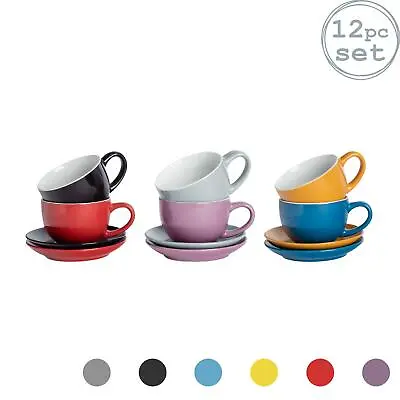 Buy 12pc Coloured Cappuccino Cup Saucer Set Porcelain Tea Coffee Cups 250ml • 25£