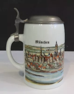 Buy Vintage German Ceramic Pottery Pewter Lidded Beer Stein München Munich Old City • 38.51£