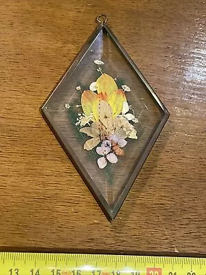 Buy Vintage Suncatcher Dried Flower Leaded Beveled Glass Diamond Shape Wall Hanging • 9£