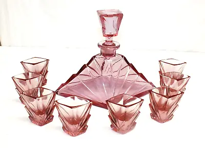 Buy Vintage Art Deco Amethyst Decanter With Stopper And 8 Shot Glasses • 279.76£