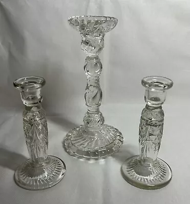 Buy Trio Of Thick Cut  Clear Glass Candlesticks - Some Damage/Imperfections • 10£