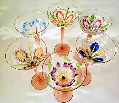Buy 6 Theresienthal Art Nouveau Glass Enamelled Flower Form Champagne Coupes .c1905 • 1,850£