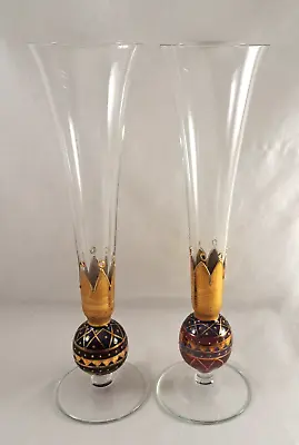 Buy Set/2 Hand-Blown Art Glass 10.5  Champagne Flutes Enameled Harlequin Style • 48.04£