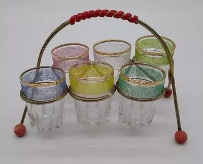 Buy Set Of 6 Vintage Crackle Band Shot Glasses - With Stand/Caddy • 20£