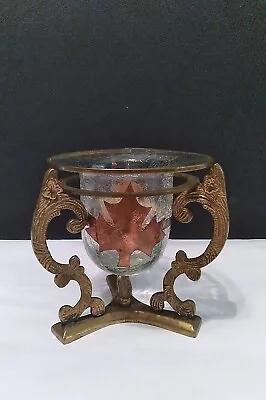 Buy Vintage Crackle Glass Bowl/Vase With Copper Leaf & Brass Rim & Deco Brass Stand • 36.85£