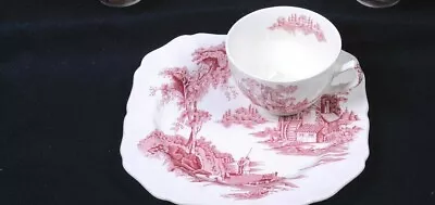Buy  Vintage Johnson Bros. England Red OLD MILL Dinnerware: 2pc DESSERT PLATE & CUP • 47.56£