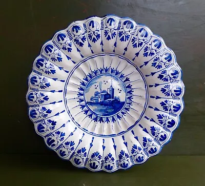 Buy Antique And Beautiful Gadrooned Plate With Landscape Decor, Hannau, Delftware,  • 295.33£
