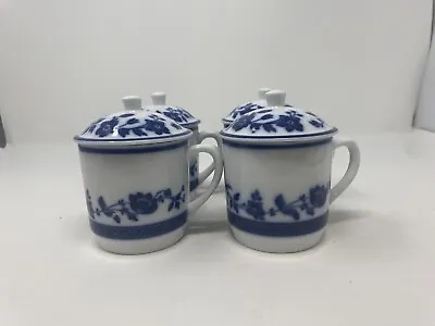 Buy William Sonoma Blue And White Floral Pattern Cups With Lids. No Flaws. Set Of 4 • 32.66£