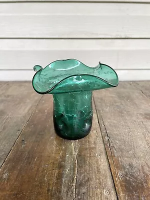 Buy Vintage Blenko Crackle Glass Vase Green Crinkled Edge Blown Glass Vase • 26.46£