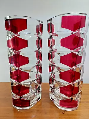 Buy Pair Of Luminarc Art Facetted Glass Vases - Cranberry Red Mid Century - French • 34.95£