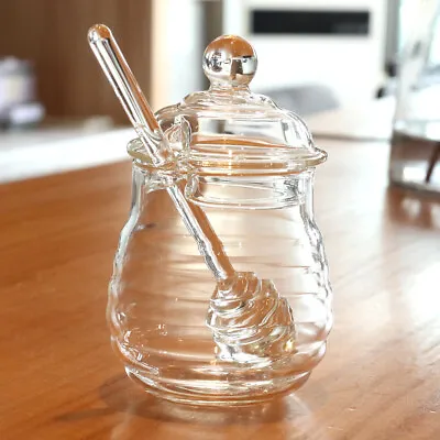 Buy 250ml Glass Honey Pot Set Heat Resistant Clear Jam Jar With Dipper And Lid • 12.20£