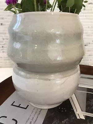 Buy Modern Signed Pottery Stoneware Vase Shiny Glaze Blue Gray White Wabi Sabi • 33.14£