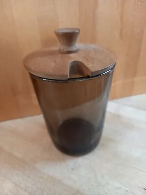 Buy Mid Century Smoked Glass Jam Pot With Wooden Lid. • 7.50£