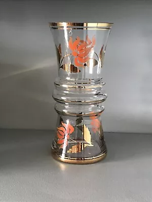 Buy Vintage Painted Glass Vase, Gold Band, Orange Flowers 70s • 20£