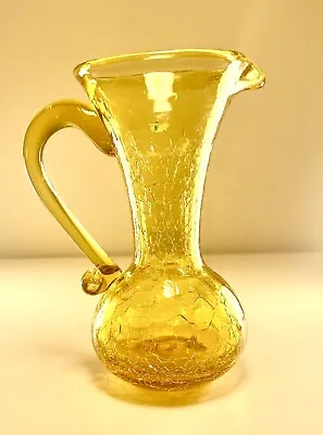 Buy Vintage MCM Blenko Crackle Glass Pitcher Vase 5.25” Amber W/ Applied Handle Boho • 28.93£