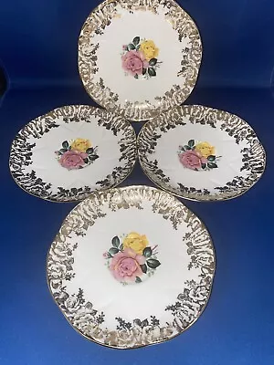 Buy 4 X Pretty Shelly Fine Bone China Saucers Gold Border With Pink Yellow Roses • 19.95£
