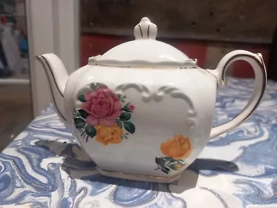 Buy Vintage Sadler England Pink Yellow Cabbage Rose Cube Gold Trim Teapot. • 20£