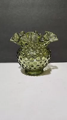 Buy Vintage Fenton Green Ruffled Crimped Edge Hobnail Glass Vase Rose Bowl 4.25  • 14.18£