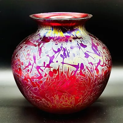 Buy Vintage Royal Brierley Studio Vase, Red & Gold Iridescent 6 1/2 X 7 Inches • 38£
