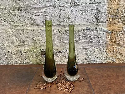 Buy 2 Vintage Retro Sage Green Sommerso Caithness Art Glass Stroma Teardrop Bud Vase • 18.99£