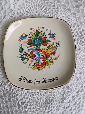 Buy 1950s Stavanger Flint Square Porcelain Wall Hanging Plate Rosemaling,Gold Rim 5  • 25£