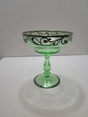 Buy Green Depression Glass Compote With Silver Handpainted Etched Details • 20.17£