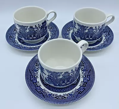 Buy Vintage Set Of 3 Churchill Blue Willow Cups/Mugs And Saucers Made In England • 22.73£