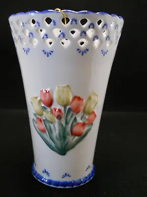 Buy Contemporary Porcelain Hand Crafted Delicate Embossed Tulip Delftware Vase • 14.30£