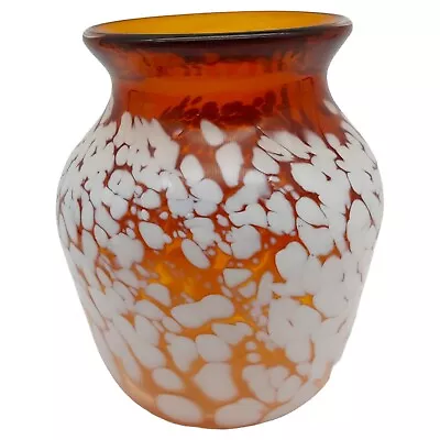 Buy Handmade Signed Art Glass Flower Vase - 6  Heavy Amber Orange White Confetti • 25.60£