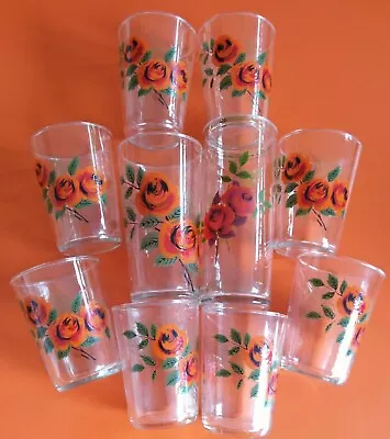 Buy 10 Vintage Retro 50s Drinking Glasses Rose Floral Print Tumbler Mid Century Lot • 35£