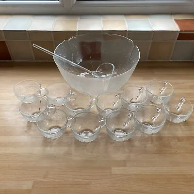 Buy Vintage Arcoroc Glass Punch/Trifle Bowl With 12 Glasses And Ladel - Leaf Design • 35£