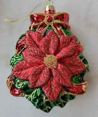 Buy Noble Gems Kurt Adler Poinsettia Red Gold Green Blown Glass Ornament Christmas • 18.03£