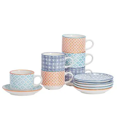 Buy Patterned Stacking Cups And Saucer Tea Coffee Mug Set - Set Of 6 • 17£
