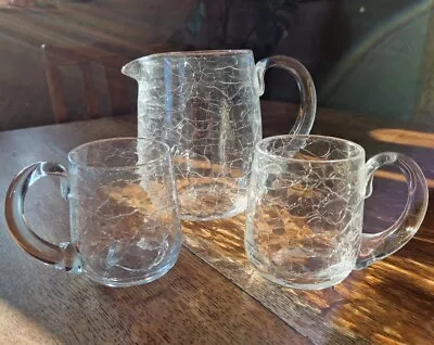 Buy Vintage Hand Blown Crackle Glass Jug And 2 Tankards • 15£